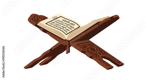 An open Holy Quran rests on a traditional wooden rehal or lectern with intricate carvings, viewed from an angle.