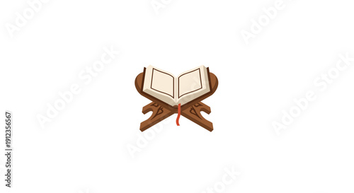 A small open Holy Quran is displayed on a simple wooden rehal or lectern against a clean white background.