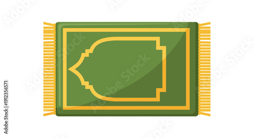 A green prayer mat with yellow trim and an arched design features tassels on its short edges, viewed from above.