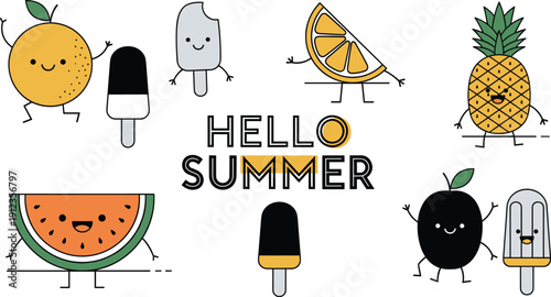 Colorful cartoon summer treats and fruits in a playful arrangement