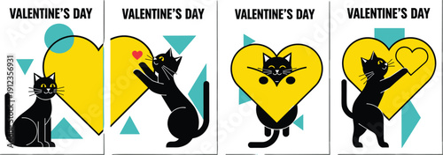 Black Cats Embracing Heart-Shaped Valentine's Day Illustrations