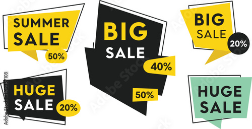 Assorted sale banners with varying discount percentages displayed prominently, illustrating promotional marketing materials.