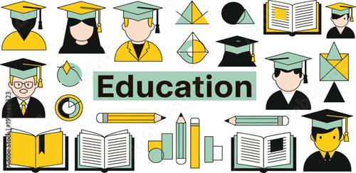 Collage of educational elements including students, graduation caps, and study materials in a graphic illustration style