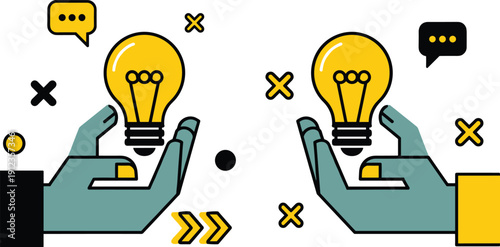 Hands holding light bulbs surrounded by abstract symbols and shapes in a creative illustration