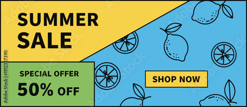 Summer sale advertisement with lemon illustrations on blue background, viewed from directly above