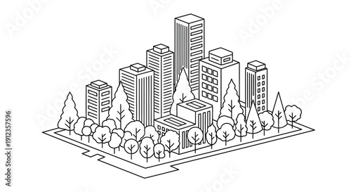 Cityscape with buildings and trees.