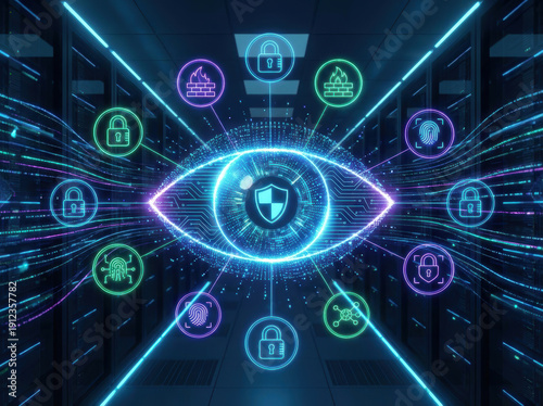 Networking securityconceptcyber datatechnologyprotectioninternetnetworkdigital glowing eye symbol center data center corridor digital protection concept Data protection and digital security concept