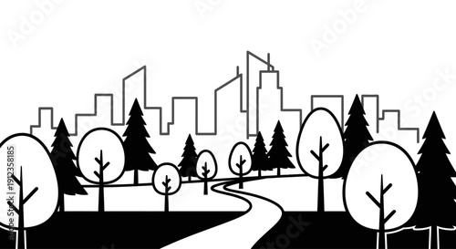 Black and white city park landscape.