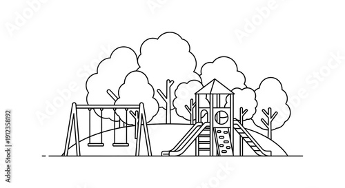 Playground with swing set and slides.