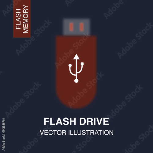 Modern flat vector illustration of a USB flash drive icon featuring a clean, minimal design on a dark background. Concept of portable storage, data transfer, backup, and digital technology.