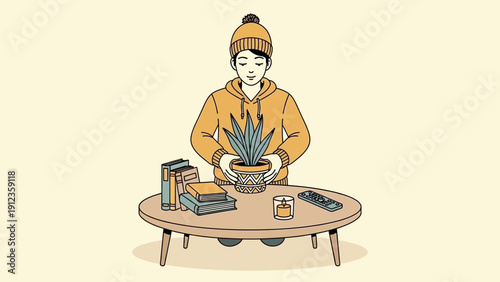 Person in winter attire holding a potted plant on a table.