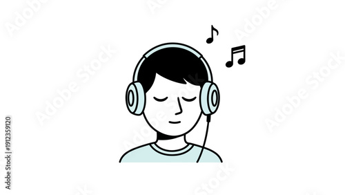 Person listening to music with headphones and musical notes.