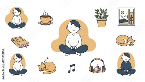 Person meditating peacefully surrounded by elements of calm and relaxation.