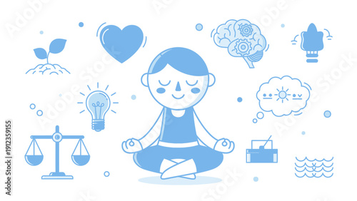Person Meditating with Surrounding Icons Representing Mental Well-being and Balance.