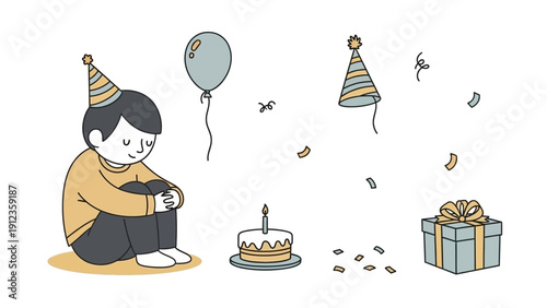 Sad boy in party hat sitting alone with birthday elements.