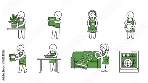 Set of eight illustrations depicting people engaged in various household chores and activities.
