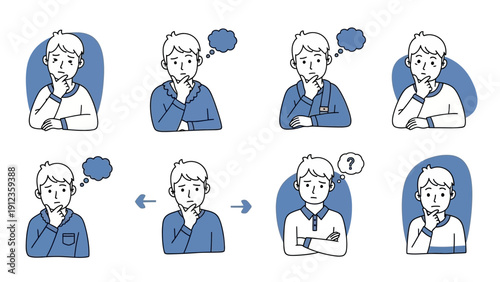 Set of hand-drawn illustrations depicting men in various thoughtful and confused poses.