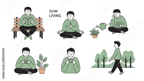 Set of illustrations depicting a man practicing slow living and mindfulness.