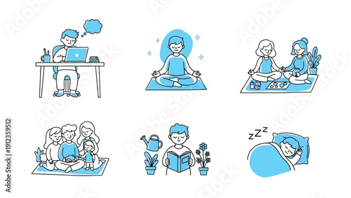 Set of illustrations depicting various daily activities and self-care practices.