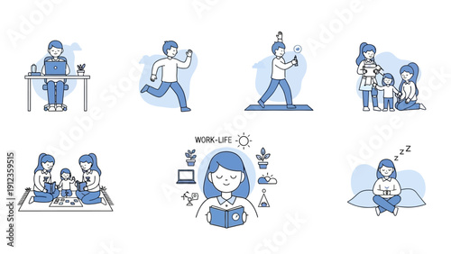 Set of illustrations depicting various daily activities and self-care routines.