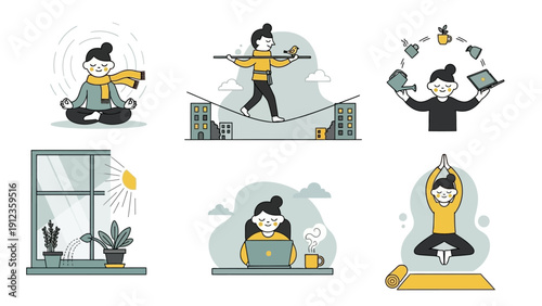 Set of illustrations depicting various aspects of modern life and work balance.