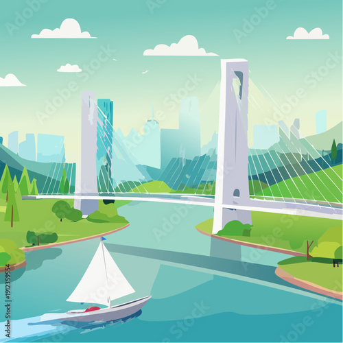 Pont moderne à haubans, ville contemporaine en arrière‑plan, fleuve et voilier