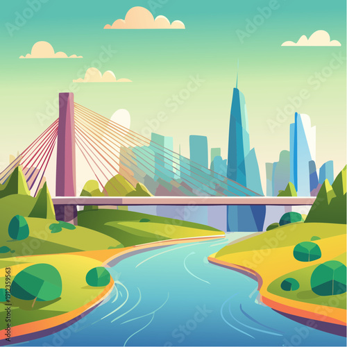 Pont à haubans moderne dans un paysage urbain et naturel