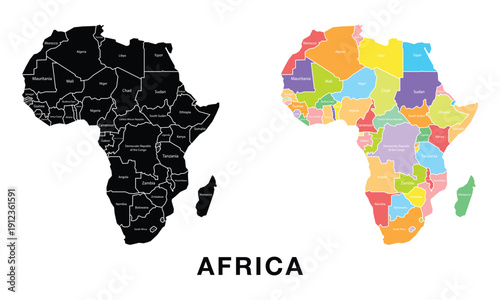 Africa map set. Black silhouette map and colored detailed map. Vector on white background.