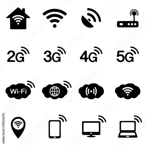 Black minimal wireless signal icon set on white background, flat vector style, multiple wifi symbols and signal bars arranged in grid layout, high contrast, clean modern UI icon pack.