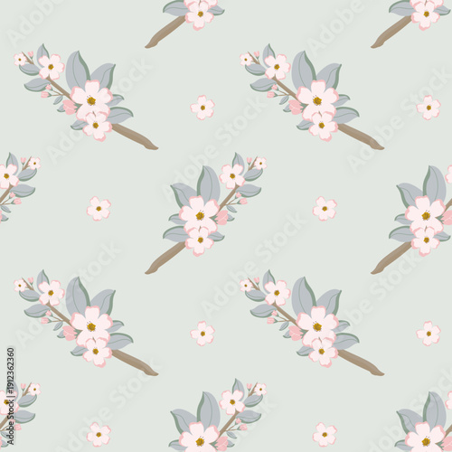 Seamless floral pattern with apple blossom branches on dusty sage green background. Modern pastel botanical vector illustration.