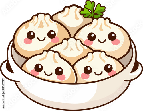 A kawaii-style illustration of six khinkali dumplings placed in a bowl. Each dumpling has a cute, smiling face with big eyes and rosy cheeks.