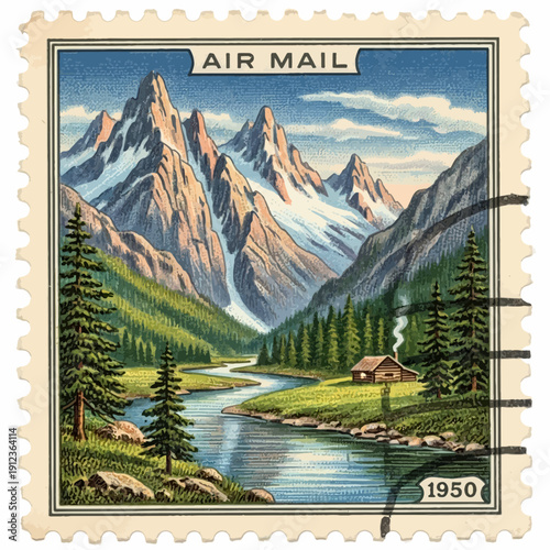 Vintage Air Mail Stamp: Mountain Valley Cabin and River