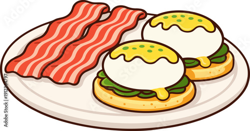 A plate with two eggs benedict served with crispy bacon on the side. The eggs are topped with creamy hollandaise sauce, resting on a base of fresh spinach and English muffin halves
