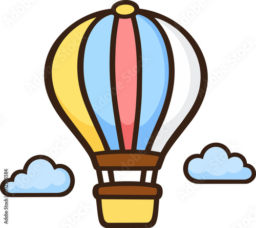 A cartoon-style illustration of a colorful hot air balloon with red, yellow, and blue stripes, floating among clouds. The balloon is isolated on a white background.
