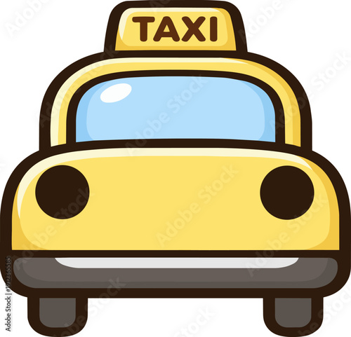A cute cartoon-style yellow taxi car with a "TAXI" sign on the roof and blue windows. The car is viewed from the front, isolated on a white background.