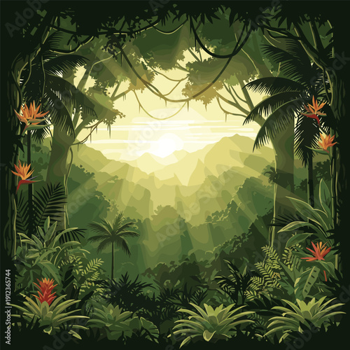 Tropical Jungle with Lush Foliage and Flowers.