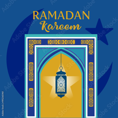 Ilustración vectorial islámica de Ramadán Kareem con puerta, linterna y luna creciente