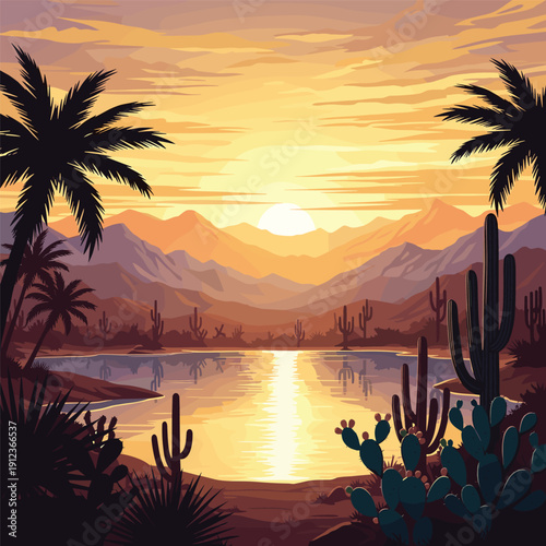 Palm Trees and Cacti at Sunset.