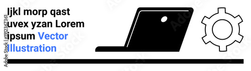 Black laptop angled open next to a gear wheel. Ideal for technology, innovation, workflow, software, engineering, productivity, and a simple landing page