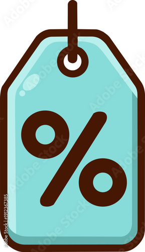 A cartoon-style illustration of a blue price tag with a hole and a percentage symbol on it. The tag has a simple design with a thick outline, isolated on a white background