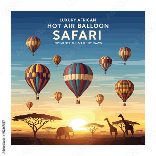 Hot Air Balloons in African Safari Landscape.