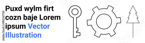 Minimal outline of a key, gear, and tree alongside placeholder text in bold. Ideal for innovation, technology, nature, simplicity, branding, education creative tools simple landing page