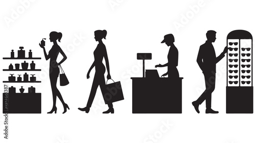 Shopping and retail scene with people buying items and a cashier at a counter
