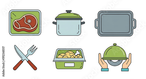 Versatile Collection of Flat Line Icons Representing Food Preparation, Culinary Utensils, and Dining Service. Essential Vector Graphics for Kitchenware and Meal Concepts