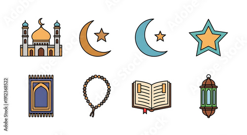 Collection of Islamic symbols, including mosque, prayer mat, rosary, Quran, lantern, and celestial elements like crescent moon and stars