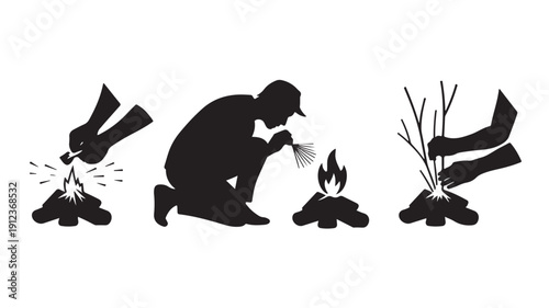 Illustration depicting steps for starting and maintaining a campfire safely and effectively