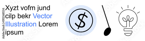 Finance, creativity, innovation, business solutions, entrepreneurship, ideas. Dollar sign symbol in a circle, light bulb and straight line. Finance and creativity concepts