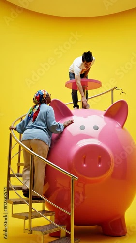 Visitors posing beside a giant pink pig sculpture in a bright yellow indoor space, creating a playful and whimsical scene.