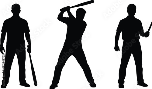 Silhouette of baseball players holding bats isolated on white background, sports action poses representing training, competition, athletic strength, teamwork, and professional baseball concepts