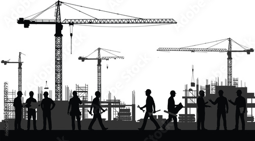 Construction site silhouette with cranes and workers, industrial building project scene, teamwork and engineering concept, black vector illustration isolated on white background
